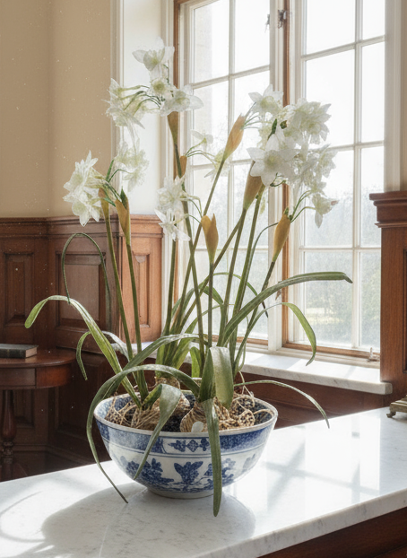 Asian Artificial Narcissus Flower Arrangement 17” Tall Porcelain Bowl Decor