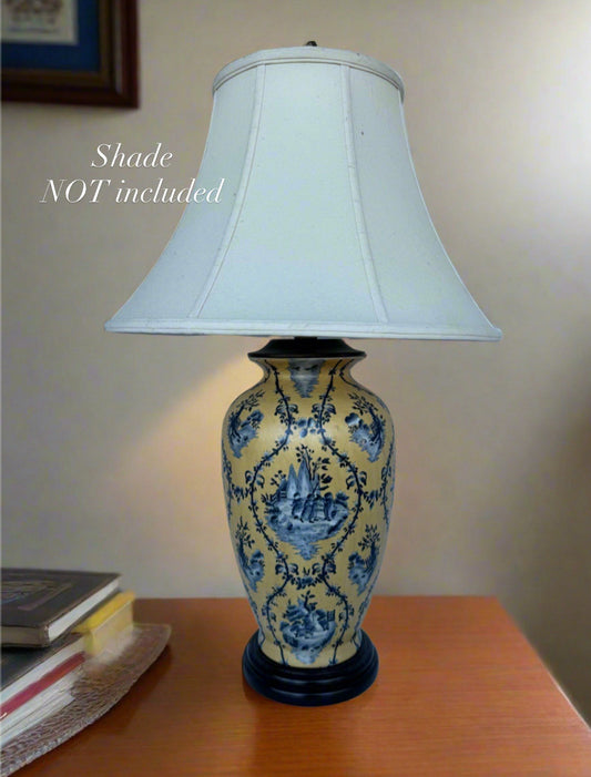 Vintage Chinoiserie Table Lamp Oriental Accent Blue Yellow 30” Tall Vase Style