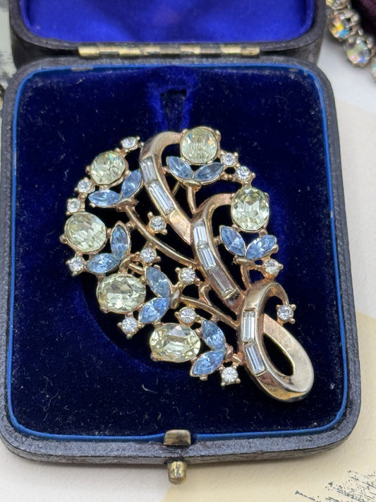 Vintage Crown Trifari Floral Spray Brooch Blue Lemon Rhinestone Baguettes 2.28”