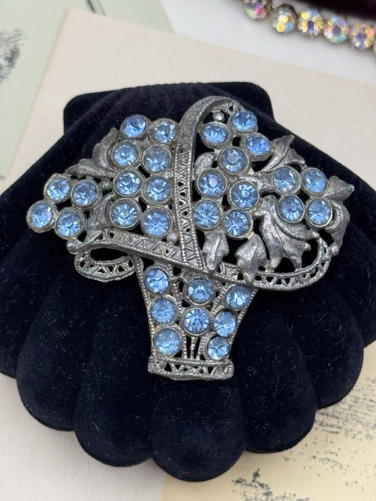 Vintage Brooch LARGE Pot Metal Basket Piercing Blue Brooch 2.28”