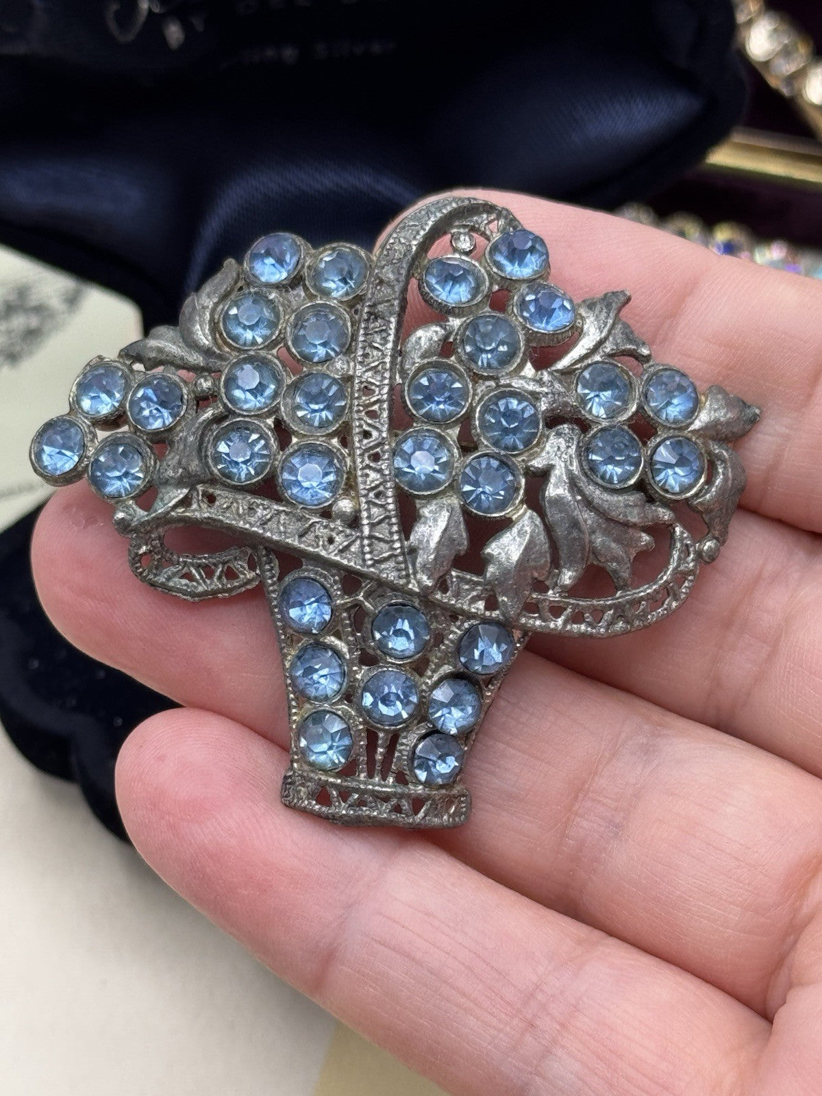 Vintage Brooch LARGE Pot Metal Basket Piercing Blue Brooch 2.28”