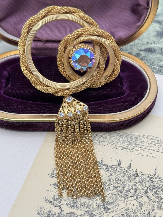 Signed Vendome Brooch Gold-Tone Tassel Rhinestone Circle Chain Fringe Pin 5”
