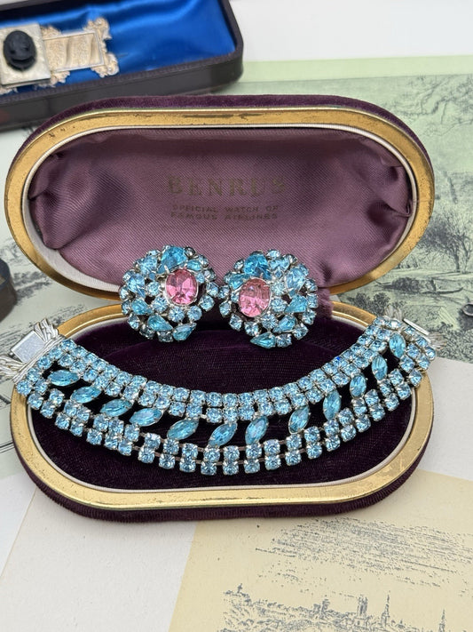 Vintage Aqua Rhinestone Bracelet & 6.5”Clip Earrings Set, Pink Center, Unsigned