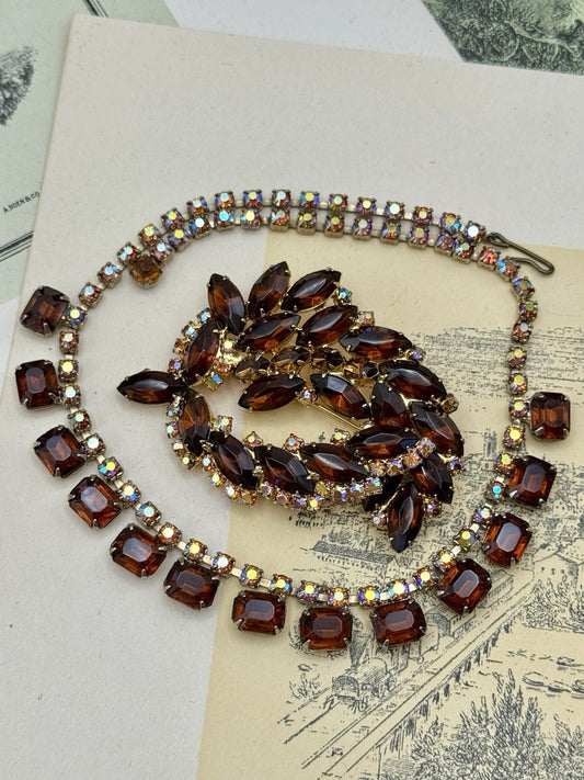 Juliana Style Whiskey Rhinestone Necklace & Brooch Set Aurora Borealis Accents