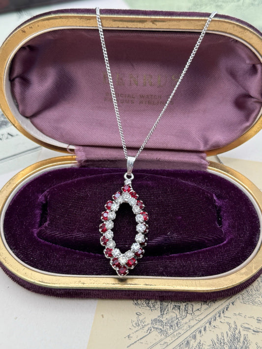 Vintage Dark Red & Crystal Rhinestone Pendant Necklace – Estate Find Ca. 18”l