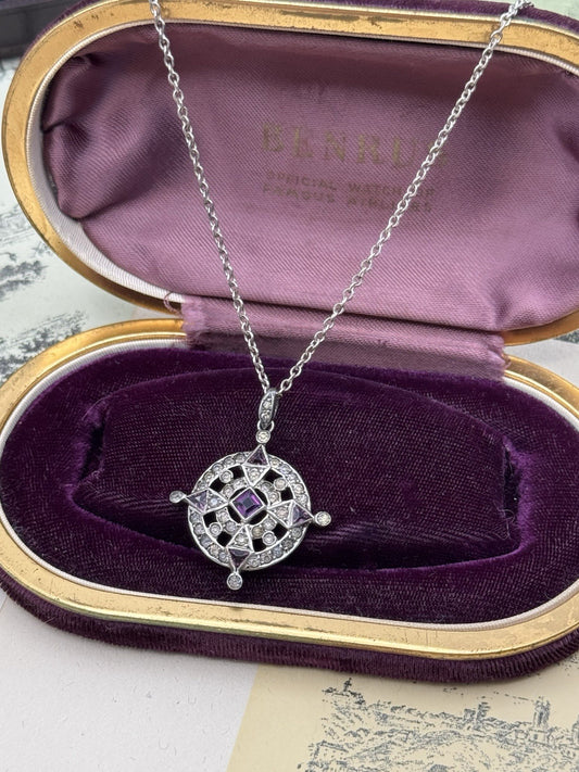 Antique Style 800 Silver & Purple Glass Pendant Necklace – 925 Chain