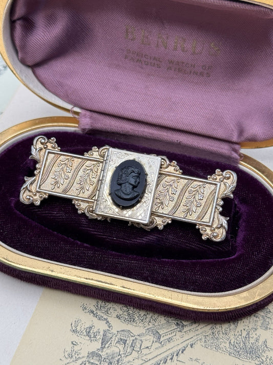Antique Victorian Style Mourning Brooch Locket Black Glass Cameo Goldtone 3”