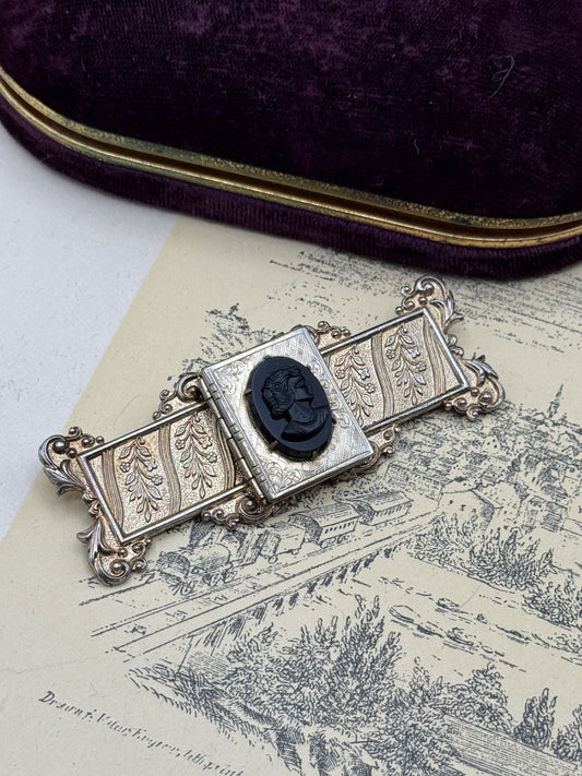 Victorian Style Mourning Brooch Locket Black Glass Cameo Goldtone 3”