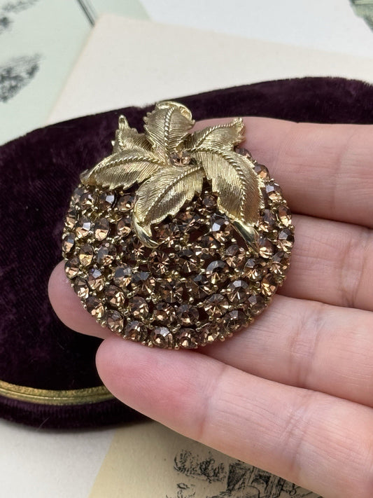 Vintage Goldtone &  Rhinestone Leaf Brooch – 1.75” Round ESTATE FIND