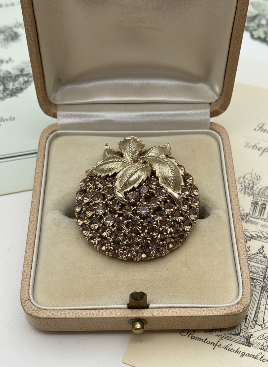 Vintage Goldtone &  Rhinestone Leaf Brooch – 1.75” Round ESTATE FIND