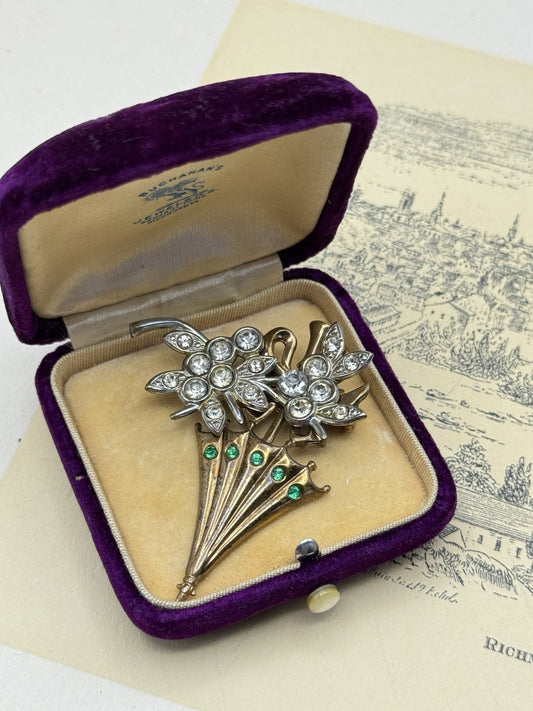 Vintage Rhinestone Umbrella Brooch – Gold Tone Floral Bouquet with Green Accents