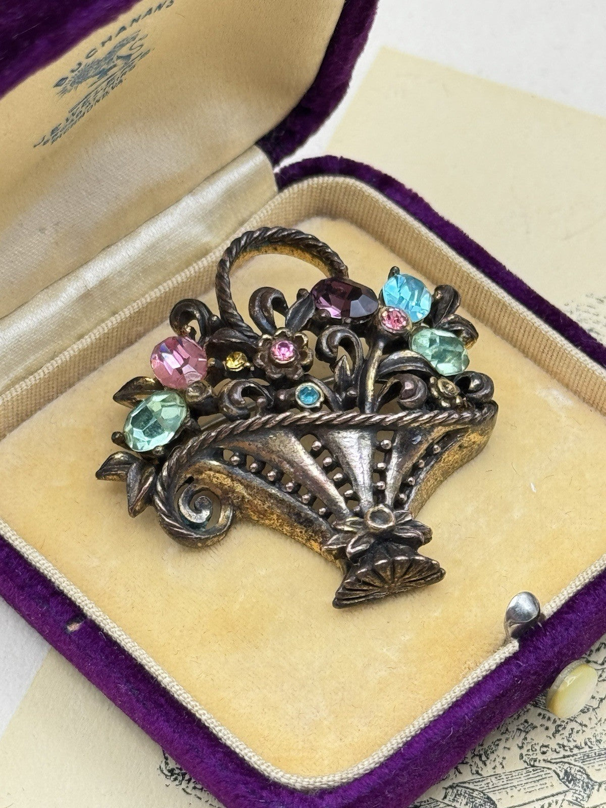 Signed Coro Basket Brooch Vintage Pastel Rhinestone Floral Pin 1.57” AS IS