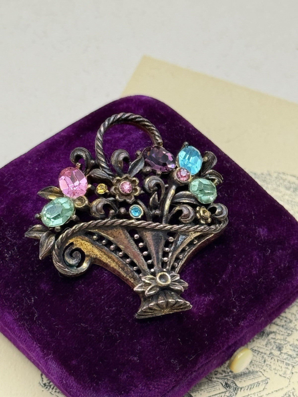Signed Coro Basket Brooch Vintage Pastel Rhinestone Floral Pin 1.57” AS IS