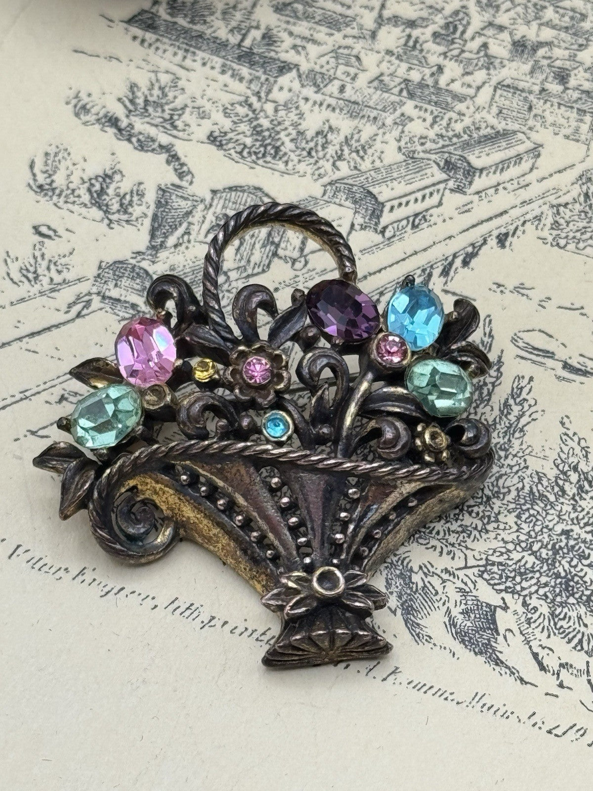 Signed Coro Basket Brooch Vintage Pastel Rhinestone Floral Pin 1.57” AS IS