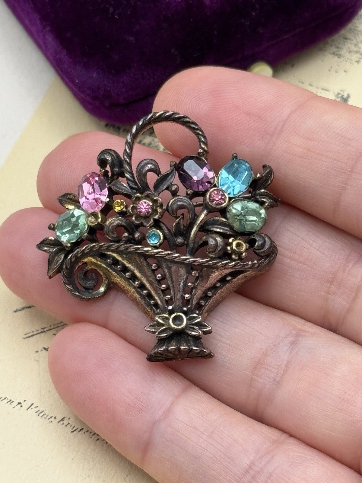 Signed Coro Basket Brooch Vintage Pastel Rhinestone Floral Pin 1.57” AS IS