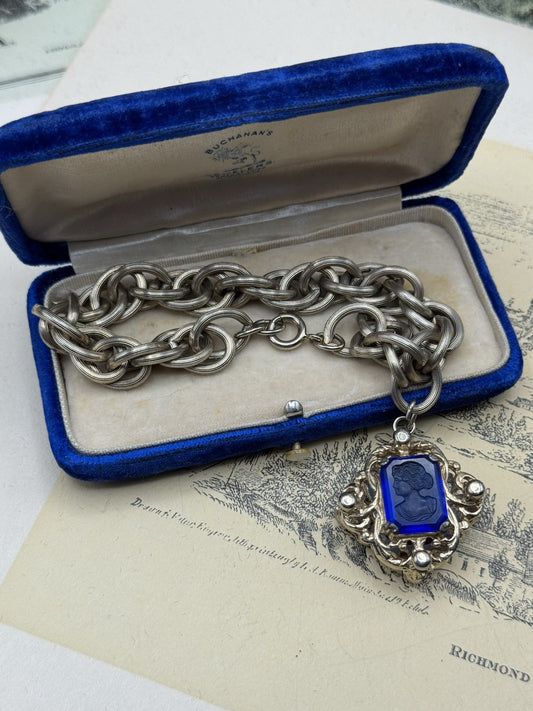 Vintage Double-Sided Intaglio Blue/ Red Intaglio Bracelet • Silvertone  • 7.5”