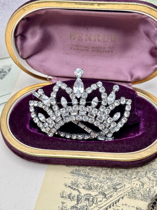 Vintage Art Deco Style Rhinestone Crown Brooch • 3” x 2.25” • Unsigned