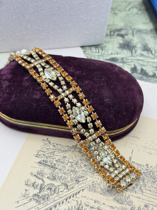 VINTAGE Rhinestone Bracelet AMBER ORANGE Pale Yellow 7”x1” OPENWORK Statement