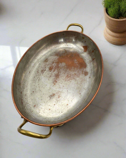 Vintage Tagus Portugal Copper Oval Roasting Pan 11.8” x 7” Brass Handles