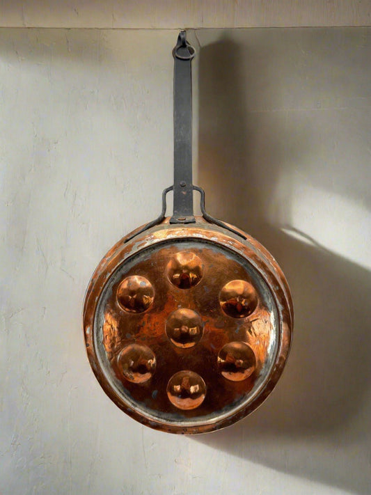 Antique French Style ESCARGOT Copper & Iron Long-Handled Pan – 9.5”d , 21.5”