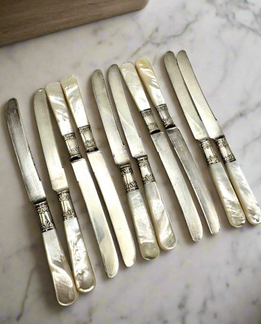 Antique Shreve & Co Set 10 Grapefruit Knives Mother of Pearl Sterling Ferrule