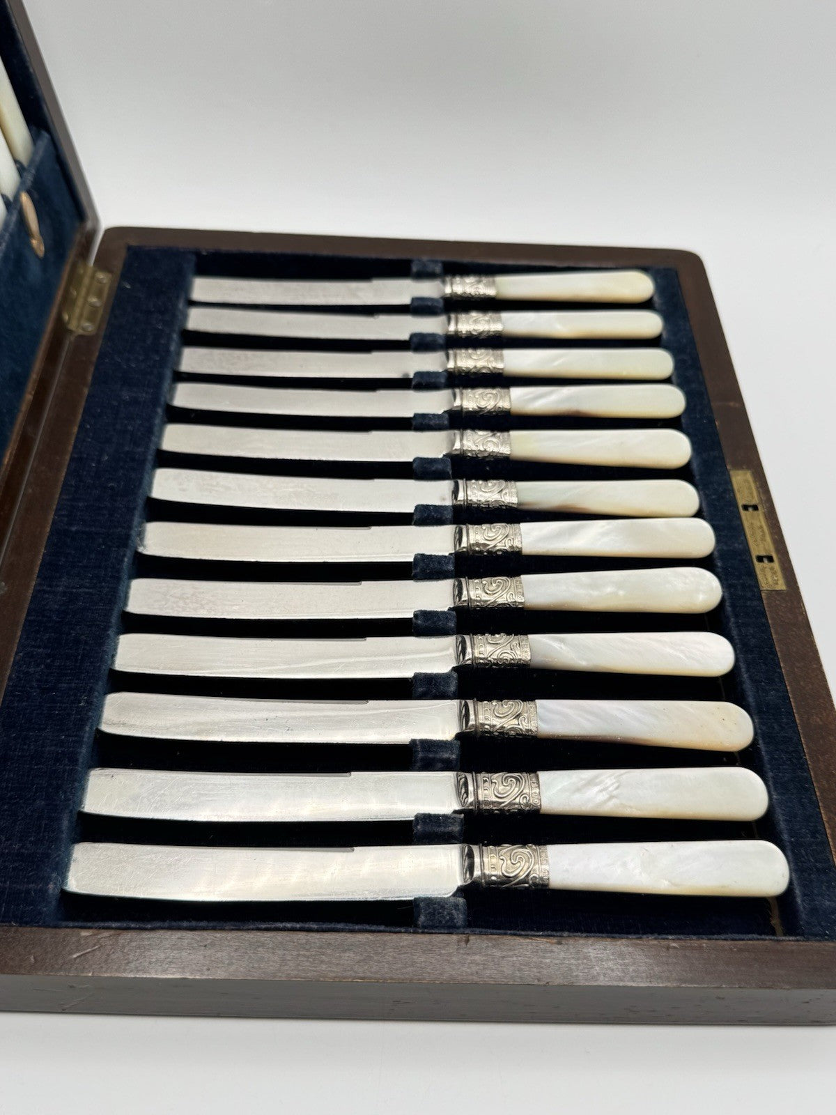 24 Pc Antique Mother of Pearl Dessert Set Sterling Ferrule Sheffield 1902 BOX