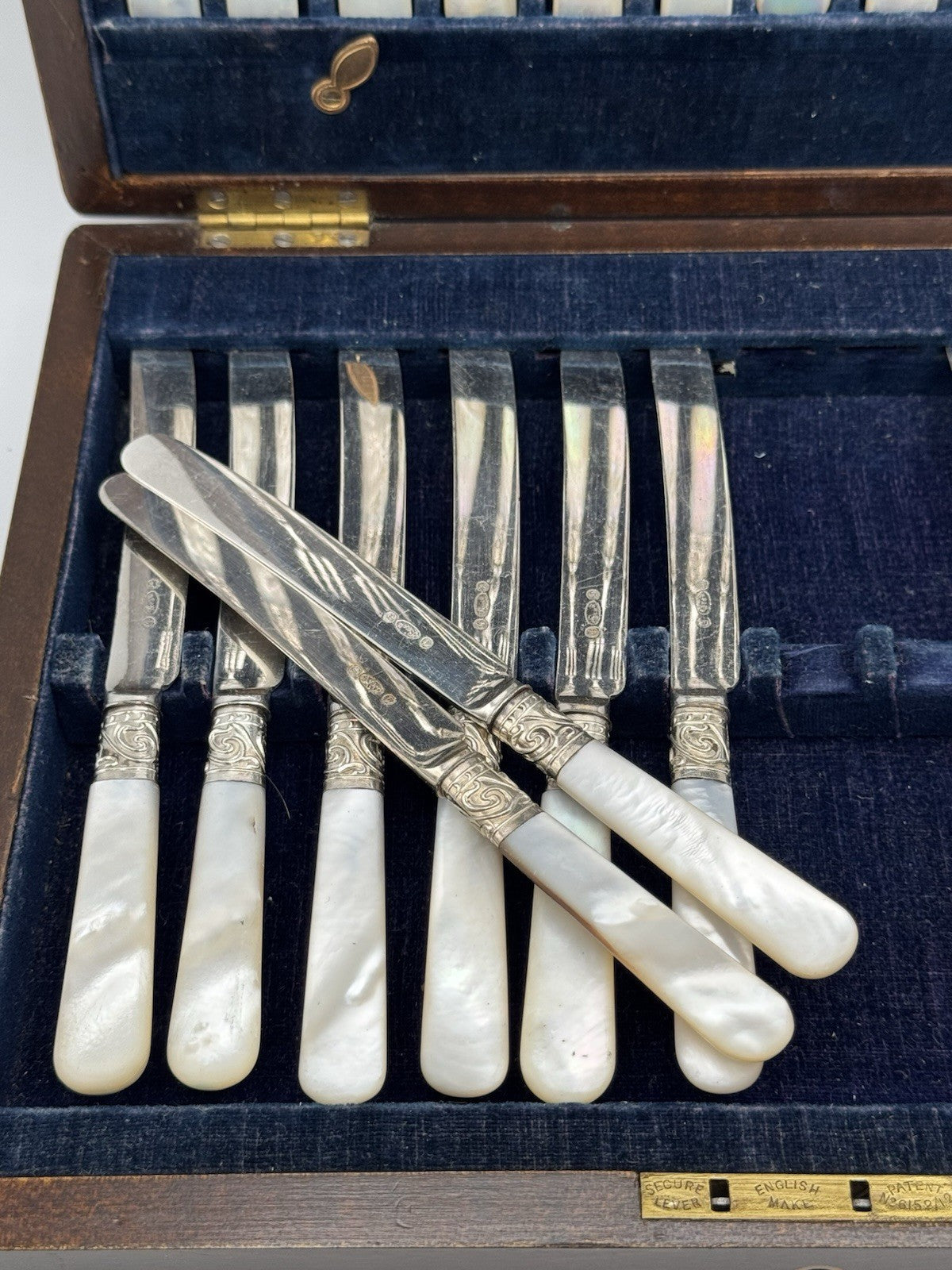 24 Pc Antique Mother of Pearl Dessert Set Sterling Ferrule Sheffield 1902 BOX