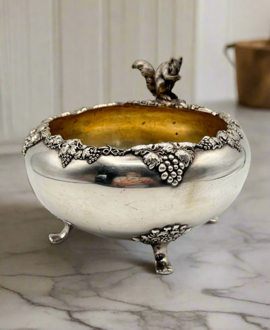 Antique FB Rogers Quadruple Silver Plate Nut Bowl Squirrel Finial Grapevine 8”d