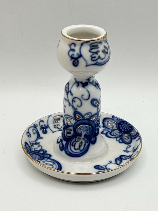 Vintage Russian Porcelain Candlestick Lomonosov Blue White Gold Trim 5”x 4.25”