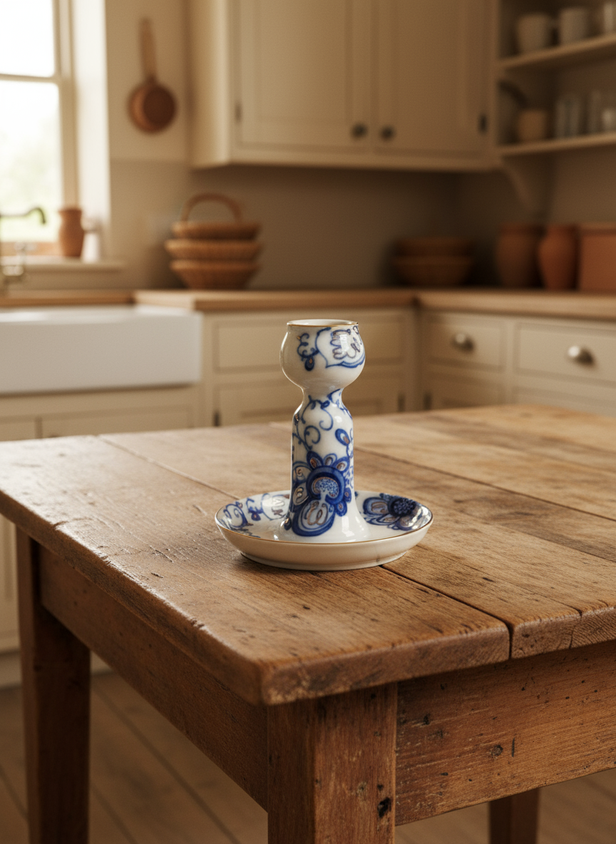 Vintage Russian Porcelain Candlestick Lomonosov Blue White Gold Trim 5”x 4.25”