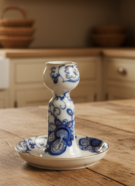 Vintage Russian Porcelain Candlestick Lomonosov Blue White Gold Trim 5”x 4.25”