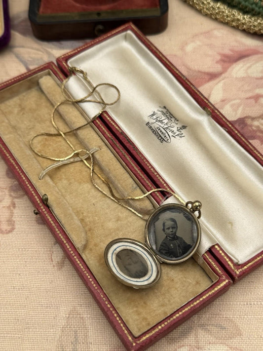Antique Gold Filled Locket w/ Tintype Photos & Vintage 18” Chain c.1800s
