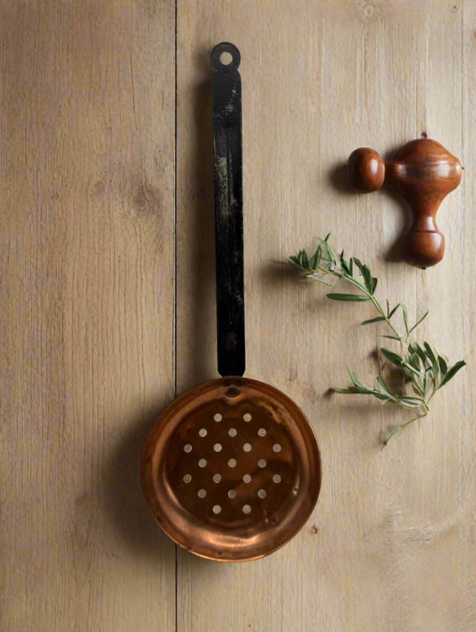 Antique Copper Skimmer Ladle with Iron Handle – Rustic Farmhouse Kitchen Tool