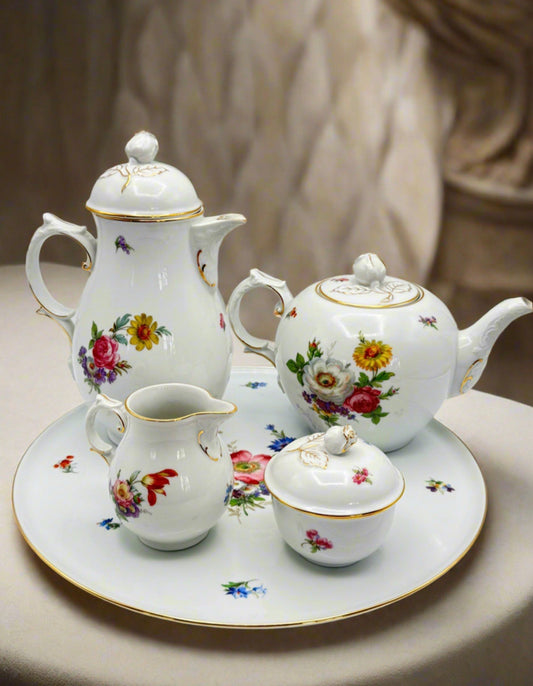 Fürstenberg Dresden Floral Porcelain 5 Piece Tea Coffee Set Tray Germany Vintage