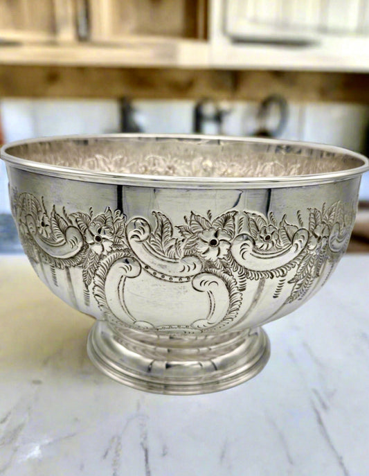 Vintage IFS Sheffield Silver Plate Hand Chased Punchbowl – Made in England