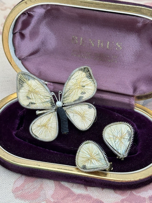 Signed Germany Butterfly Handmade Wirework Brooch & Earring Set  Mid-Century