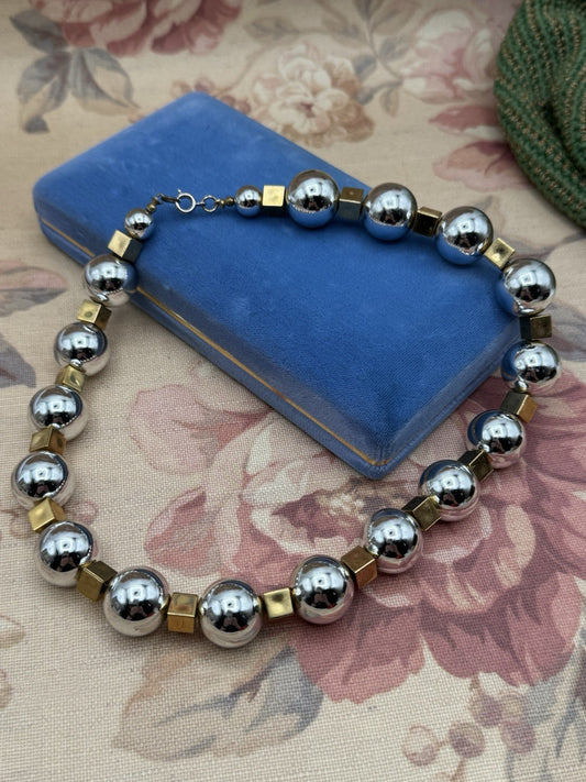 Vintage Silver Tone Plastic Bead Necklace 17” with Gold Cube Spacers Retro