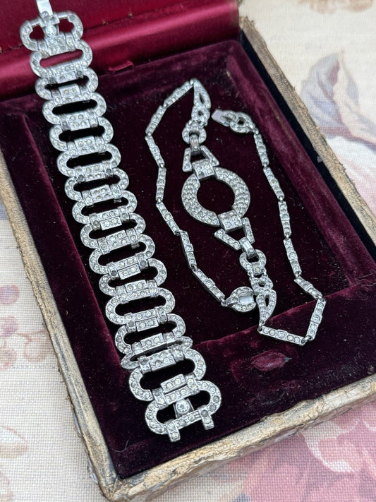 Art Deco Rhinestone Bracelet & Necklace Set 1920s 1930s Missing Dark Stones