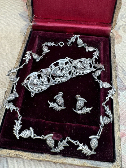 Sterling Silver Scottish Thistle Parure Necklace Bracelet Earrings c1930s