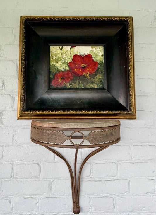 Vintage Oil Painting Red Poppies in Heavy Carved Wood Frame 20.5” x 18.5”