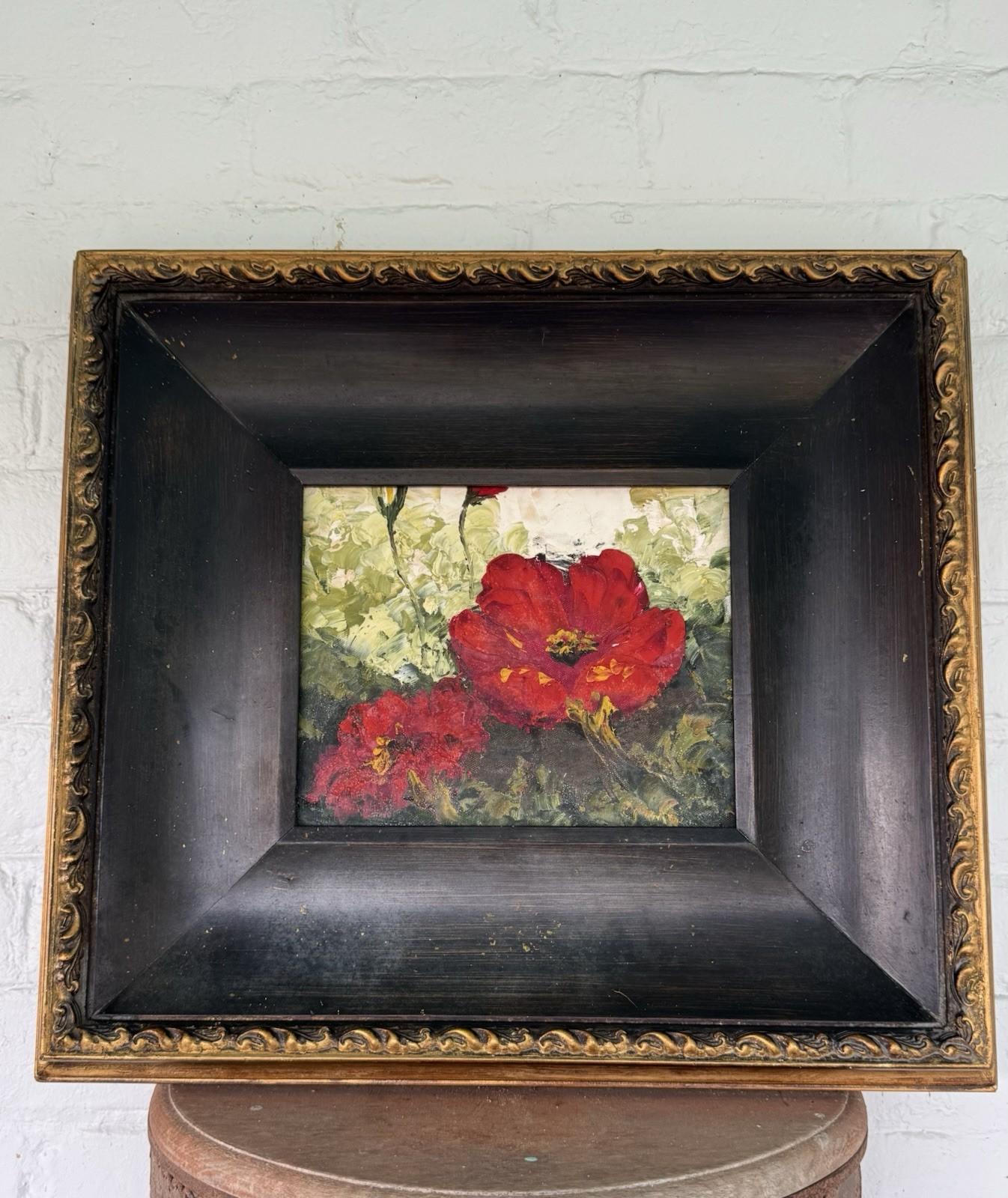 Vintage Oil Painting Red Poppies in Heavy Carved Wood Frame 20.5” x 18.5”