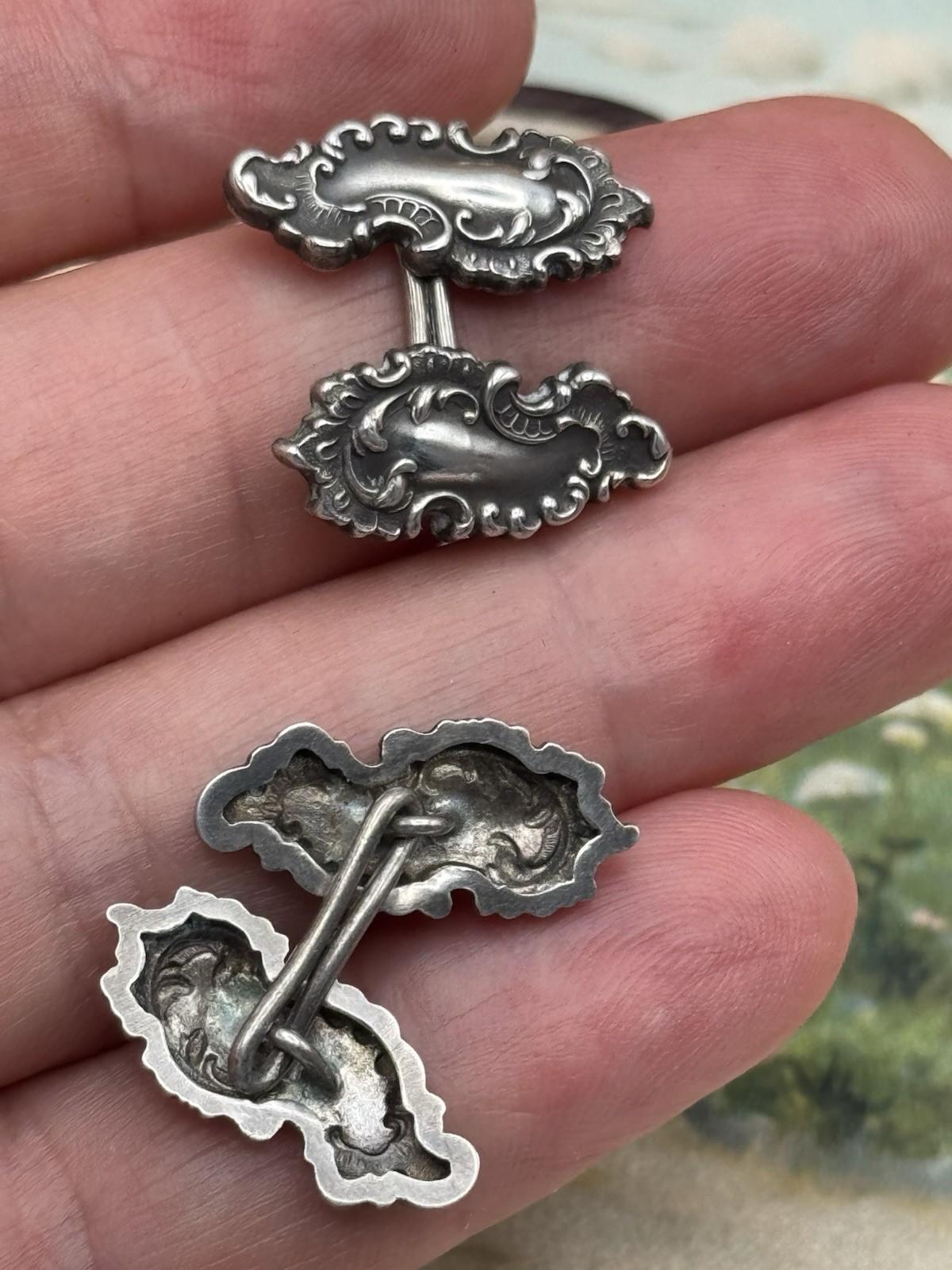 Edwardian Sterling Silver Rococo Scroll Cufflinks Bar Link Unmarked Antique