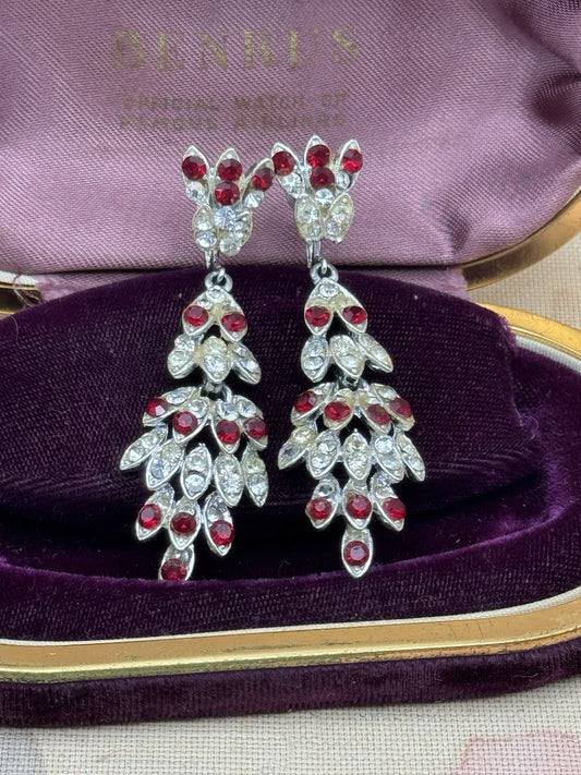 Vintage Earrings Red Clear Rhinestone Chandelier  Screwback 2.5” AS IS