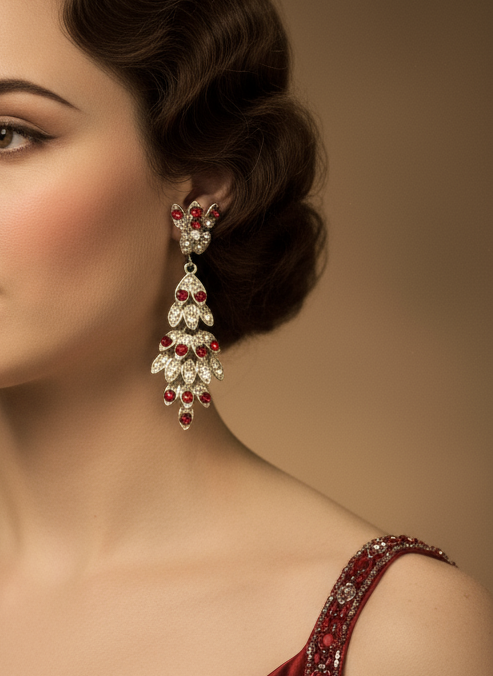 Vintage Earrings Red Clear Rhinestone Chandelier  Screwback 2.5” AS IS