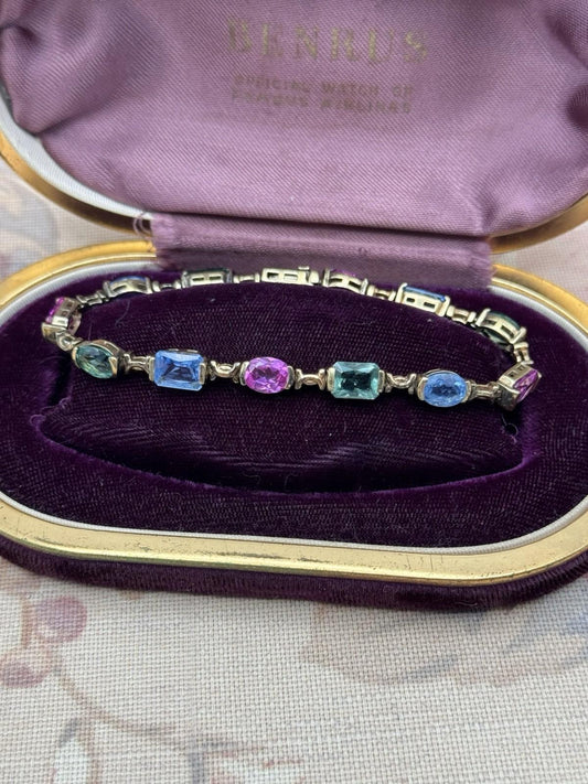 Vintage Sterling Vermeil Bracelet Colorful Glass Stones 7” Link Design
