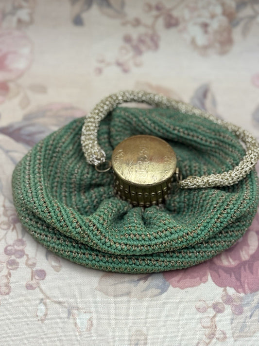 Vintage Green Crochet Evening Bag Reticule Expandable Brass Frame Satin Lined