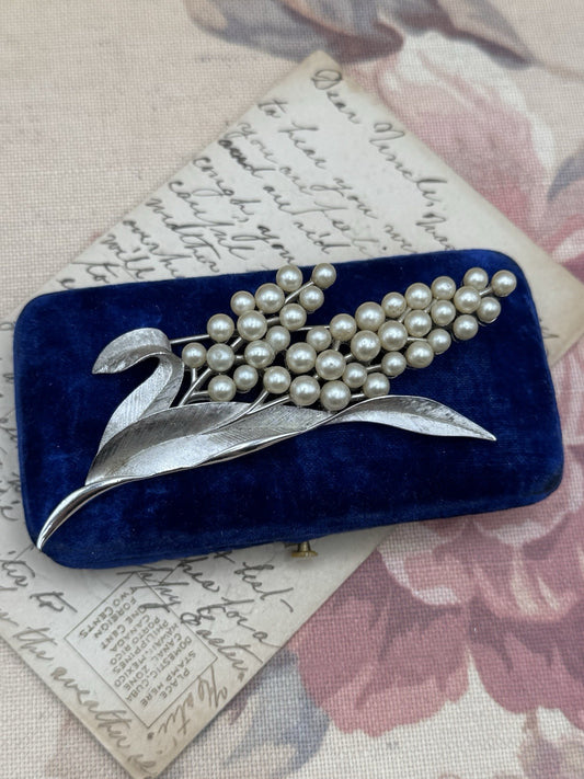 Vintage Crown Trifari Brooch Silver Tone Faux Pearl Leaf Spray 4”