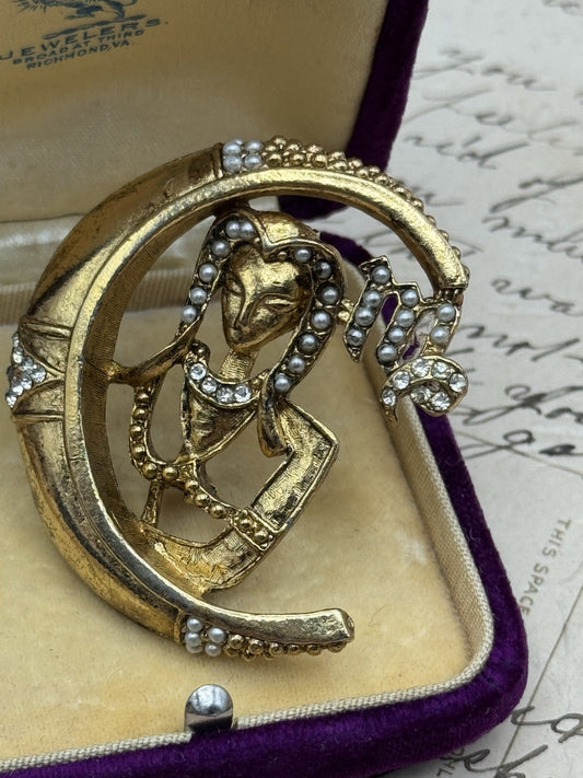 Vintage VIRGO Zodiac Brooch Goldtone Crescent Moon Seed Pearls 1.75”