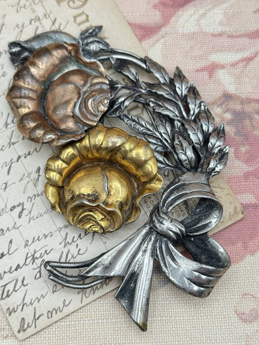 Vintage Floral Brooch Large Silver Gold Copper Tone Roses Bow 4.5” RARE