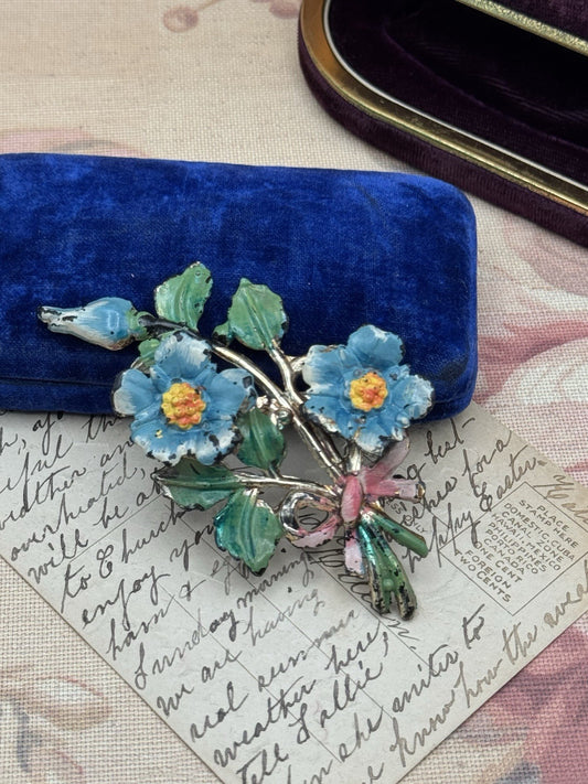VINTAGE “Celluloid” Floral Brooch Blue Flowers Pink Bow Enamel Painted 3.5” 1920s
